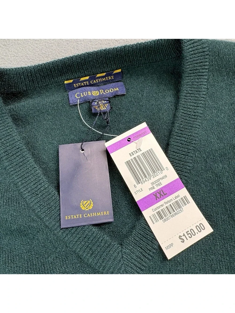 Club Room Estate Cashmere V Neck Sweater Size 2XL Green New With Tags